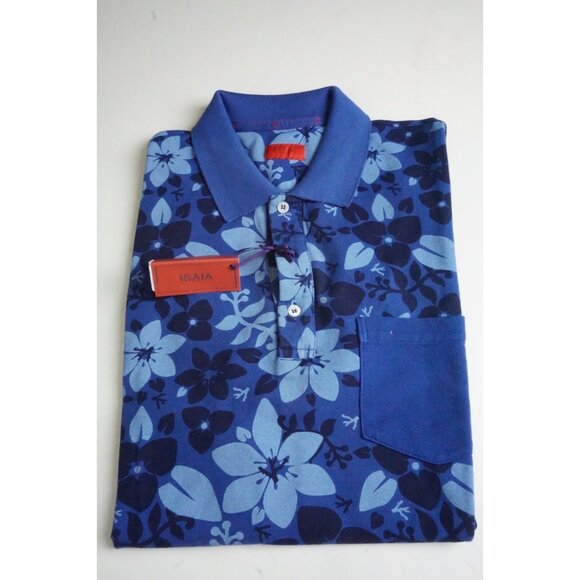Isaia Blue Floral Pocketed Short Sleeve Cotton Polo Shirt Sz M NEW W TAGS